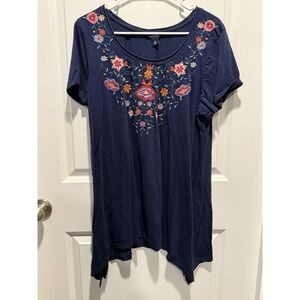 Terre Bleue Embroidered Blue Top Large Floral Shirt‎ L Rounded Neck